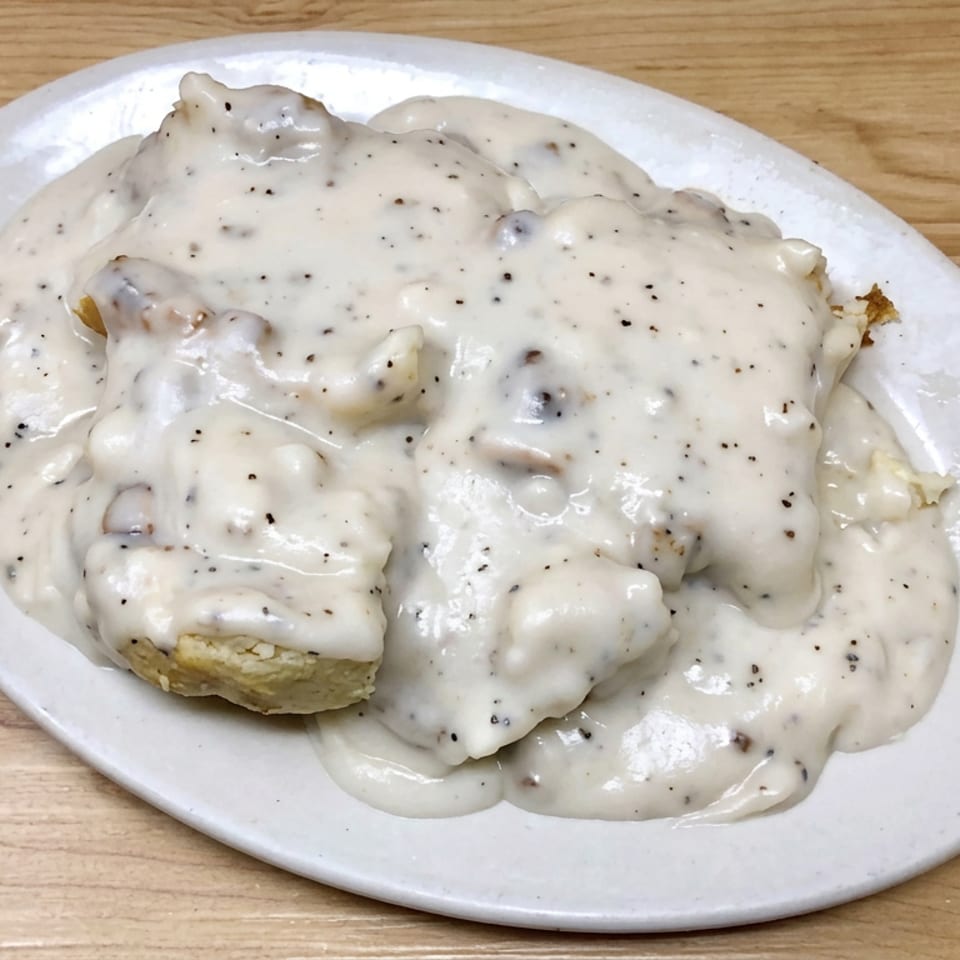 Biscuits smothered in creamy peppered country gravy on a white plate atop a wooden table.