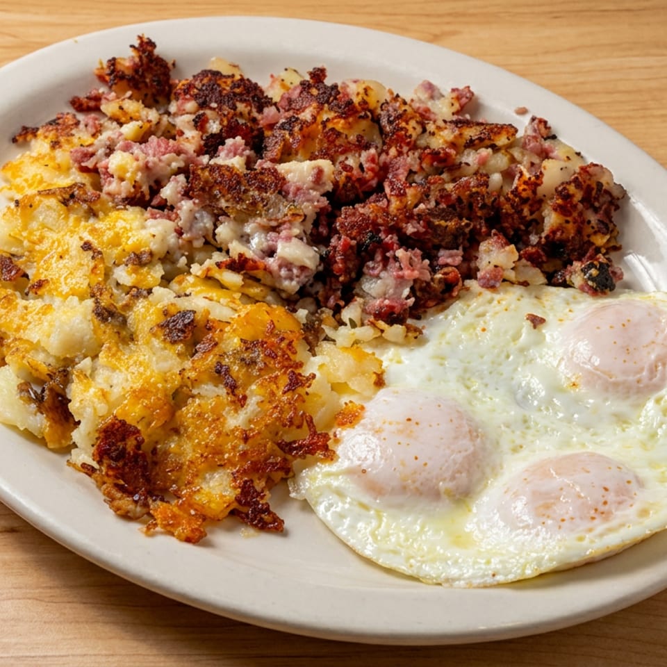 Plate of crispy hash browns, corned beef, and three fried eggs on a wooden table.