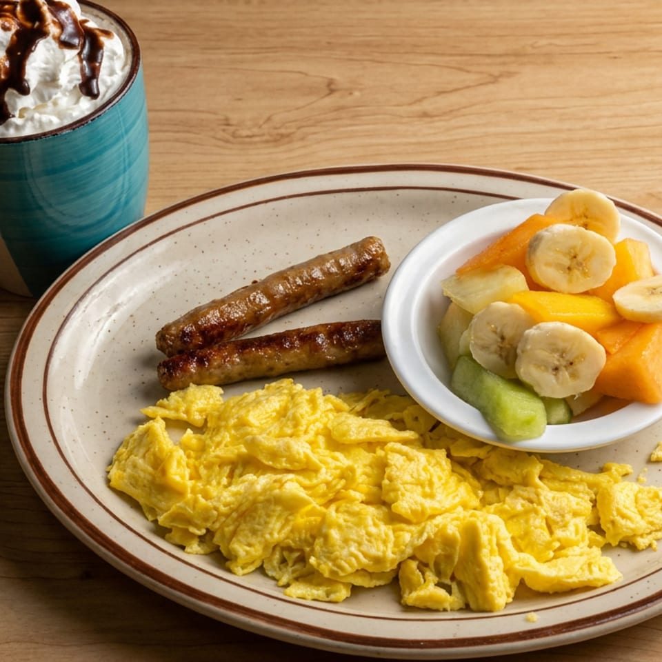 Breakfast plate with scrambled eggs, sausage links, and fruit, beside a whipped-cream-topped chocolate drink on a wooden table.