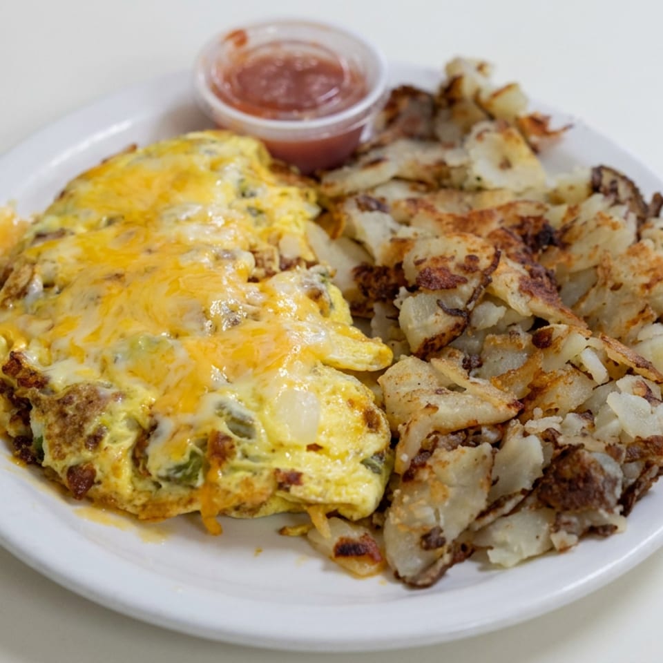 Cheese-covered omelet served with crispy home fries and a small cup of red salsa on a white plate.