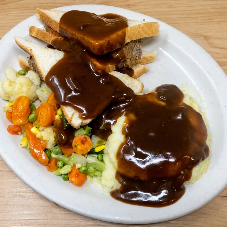 Plate of sliced roast beef, mashed potatoes, mixed vegetables, and bread covered in rich brown gravy.