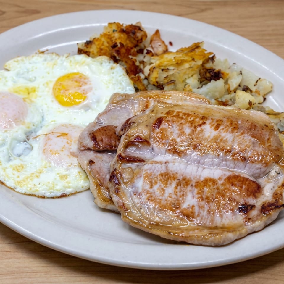 White plate of grilled pork, fried eggs, and crispy roasted potatoes on a wooden table.