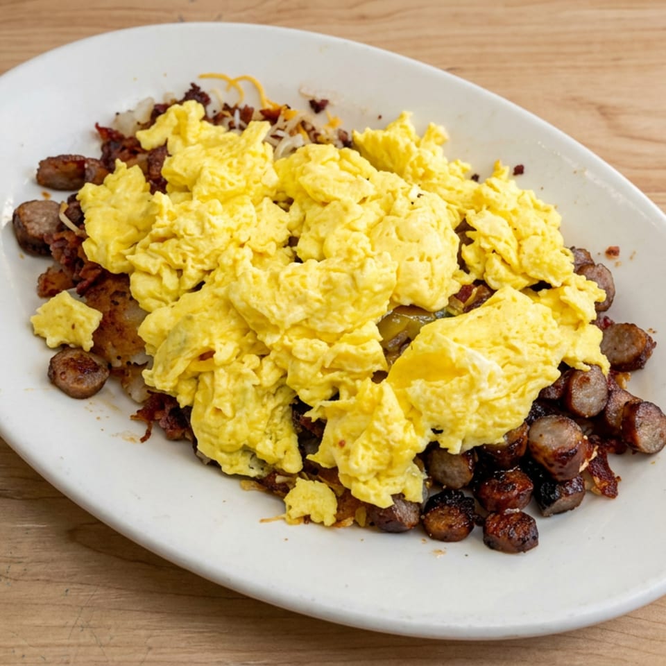 Scrambled eggs served over browned potatoes and sliced sausage on a white plate atop a wooden table.