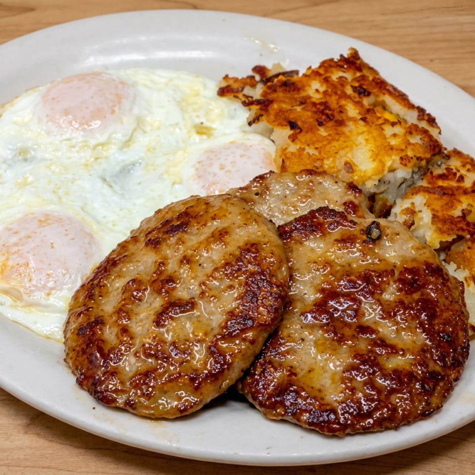 Plate of grilled hamburger steaks, sunny-side-up eggs, and crispy hash browns on a wooden table.