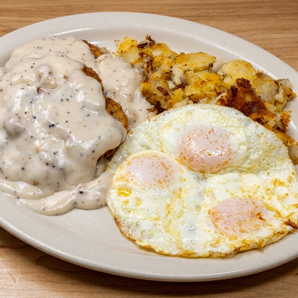 Plate of biscuits and gravy, three fried eggs, and crispy home fries on a wooden table.