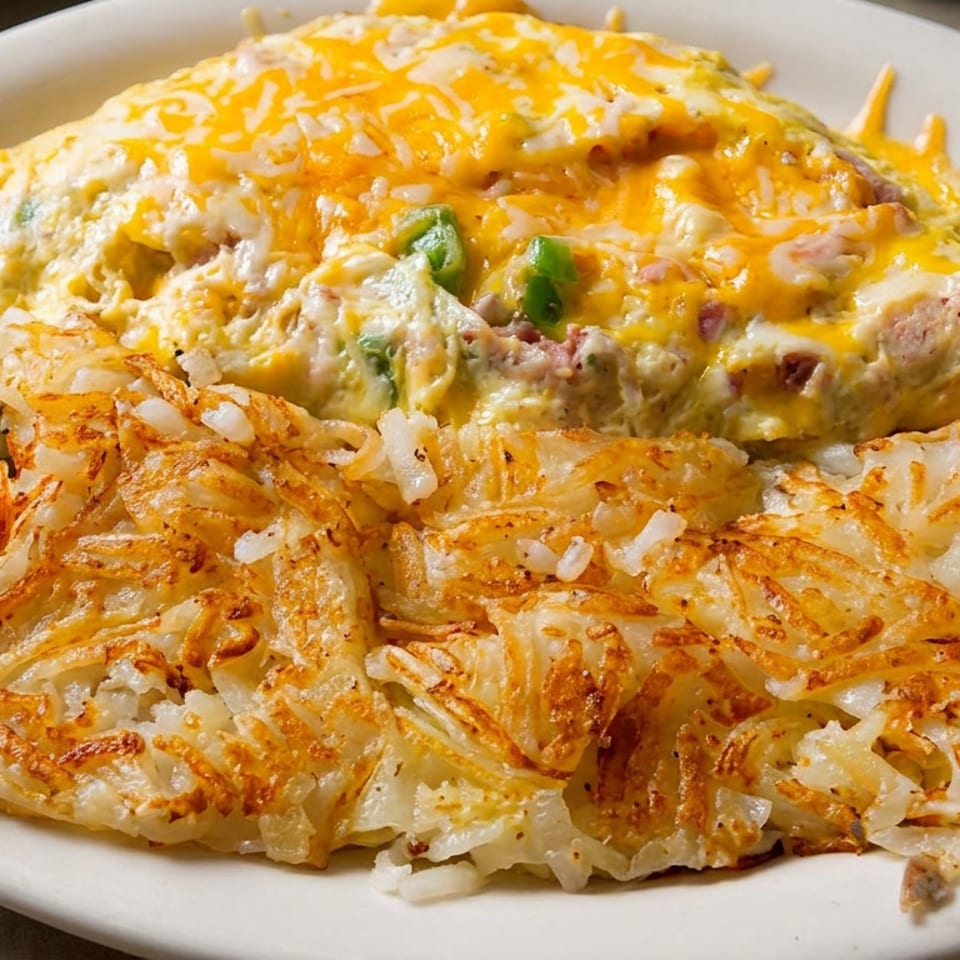 Cheesy scrambled eggs with green onions and sausage served alongside crispy golden hash browns on a white plate.