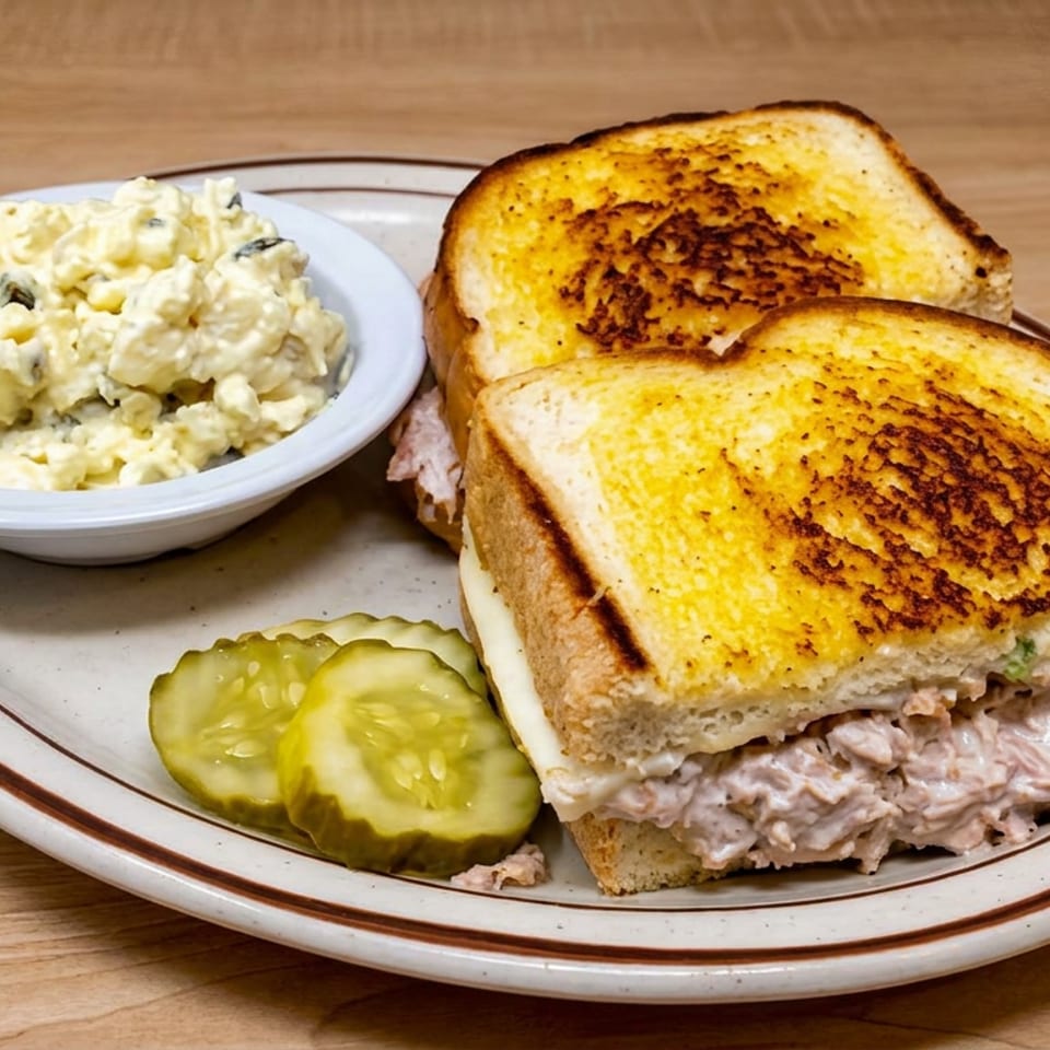 Grilled chicken salad sandwich with toasted bread, potato salad, and pickle slices on a plate.